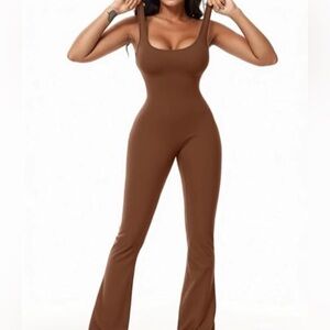 Women’s Brown Ruched Jumpsuit Activewear Set XL NEW Stretchy Bra